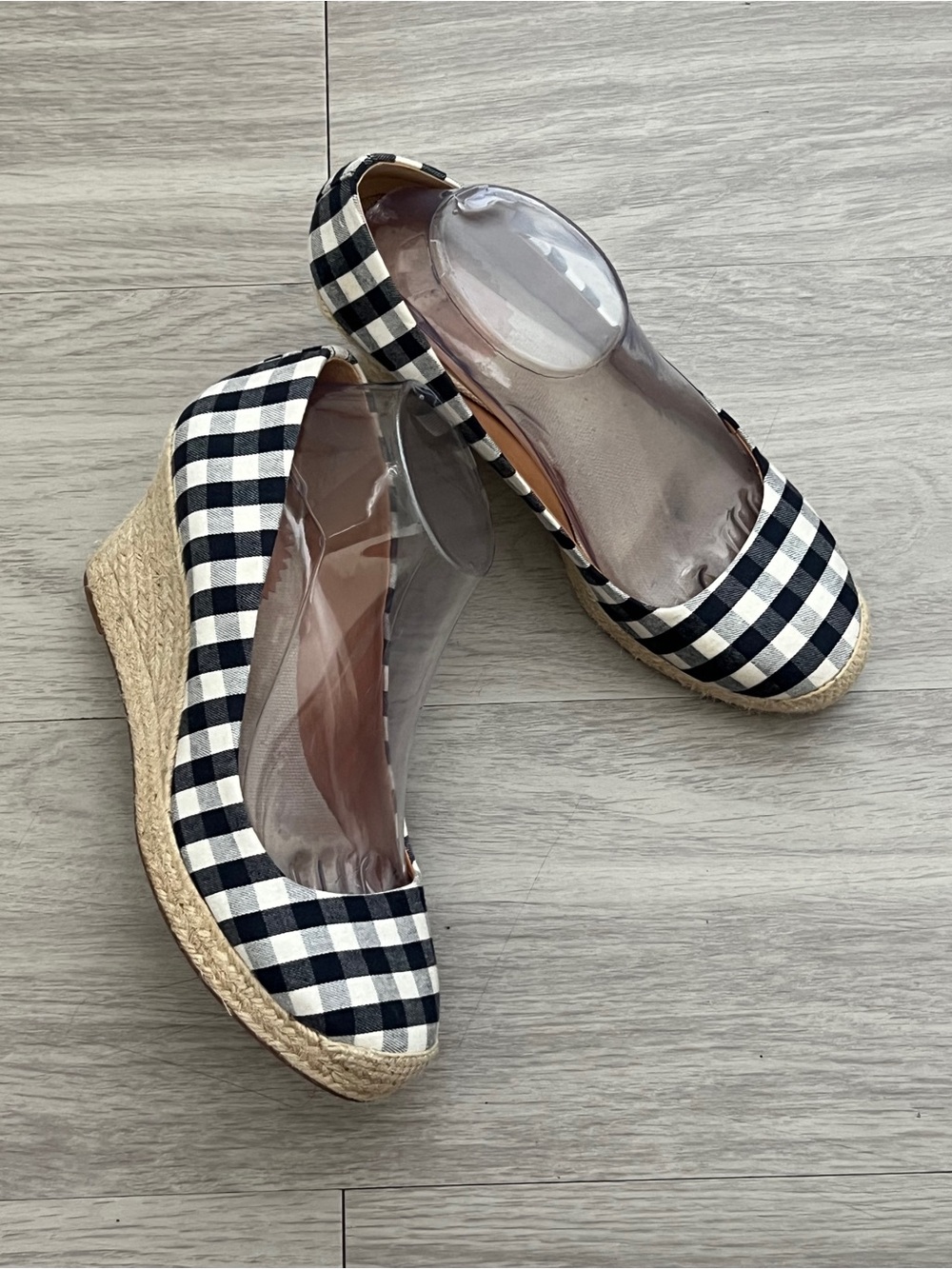 J.Crew Gingham Espadrille Wedge Pumps 8.5 Black White
